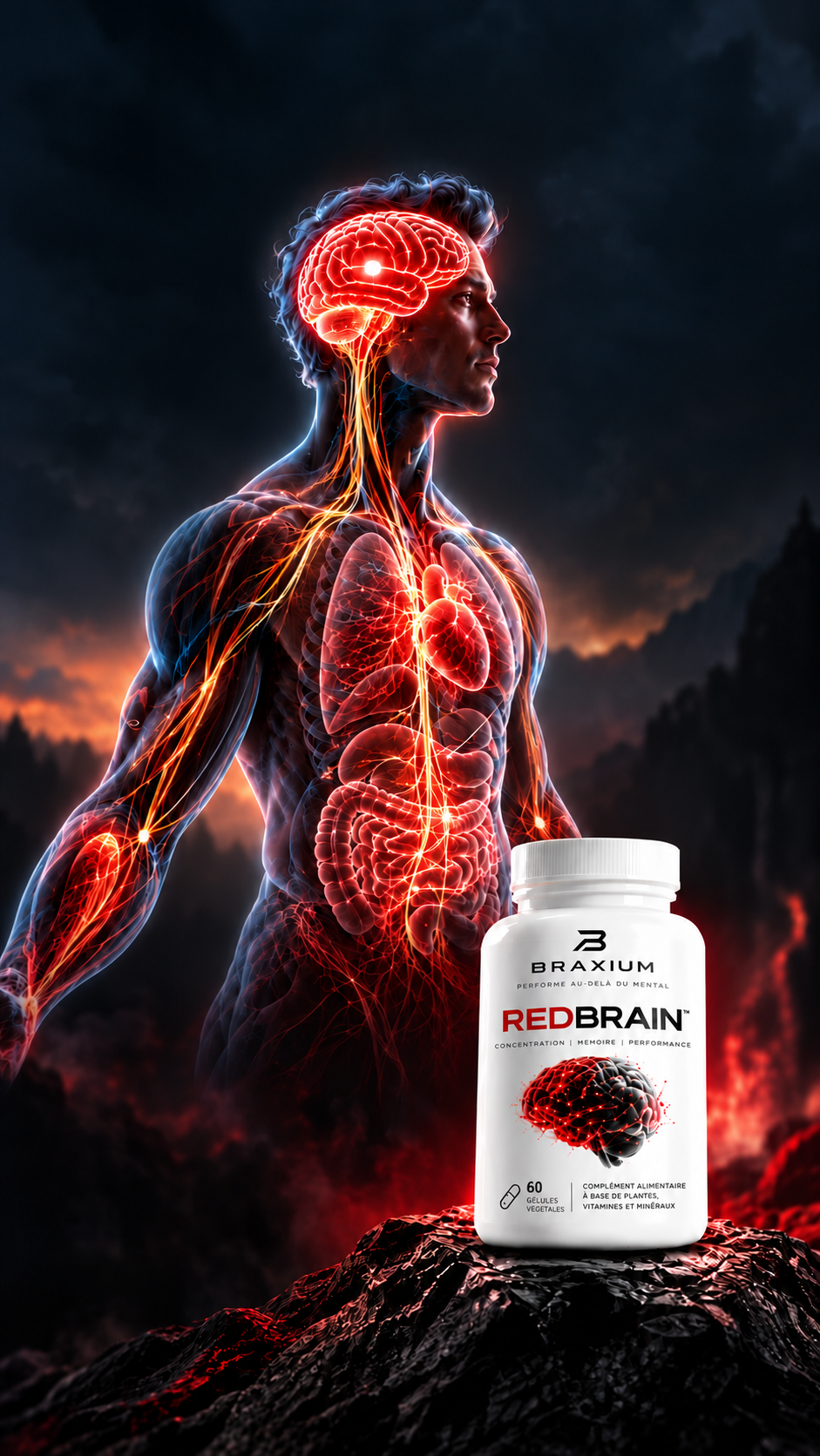 Univers mental et flacon REDBRAIN correctement étiqueté