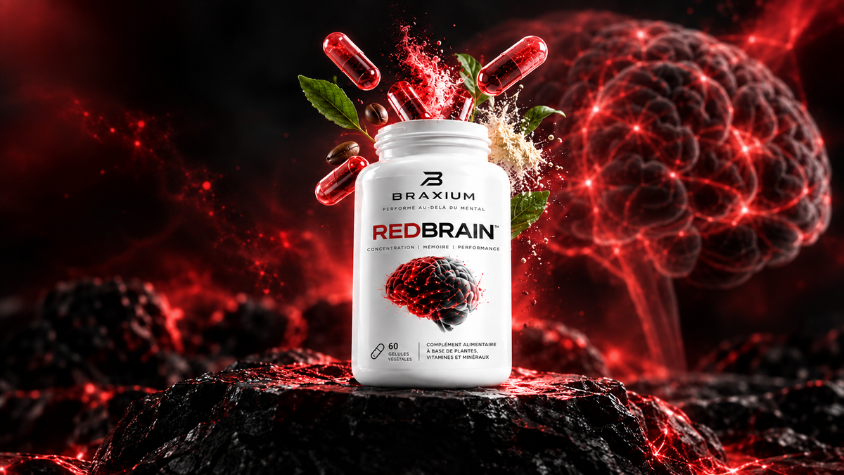 Flacon REDBRAIN avec étiquette complète dans un univers cérébral rouge et noir
