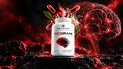 Flacon REDBRAIN avec étiquette complète dans un univers cérébral rouge et noir